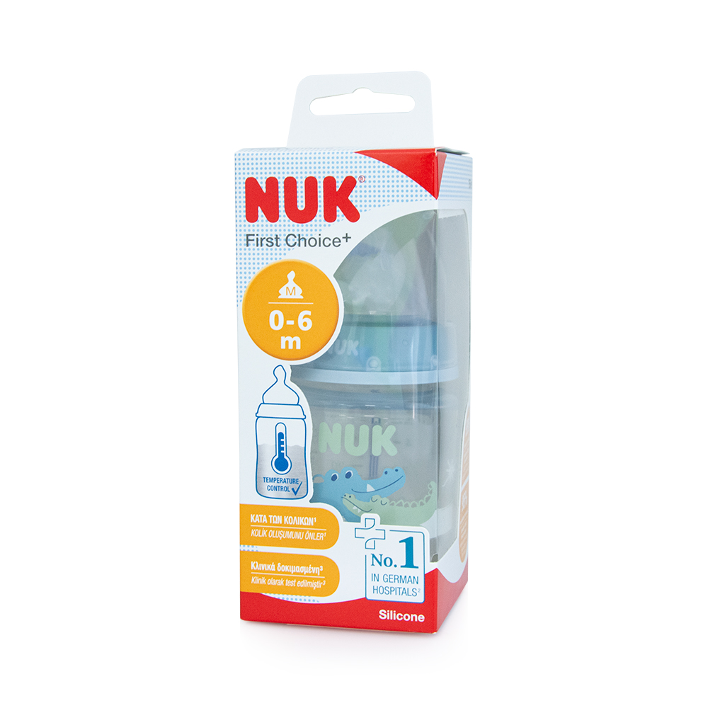 NUK - FIRST CHOICE+ Πλαστικό Μπιμπερό Θηλή Σιλικόνης με Δείκτη Ελέγχου Θερμοκρασίας 0-6m (σιελ κροκόδειλοι) - 150ml 10743889
